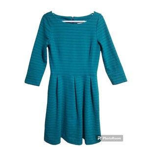 Banana Republic Blue Green Striped Pleated 3/4 Sleeve Zip Dress Size 6 Tall